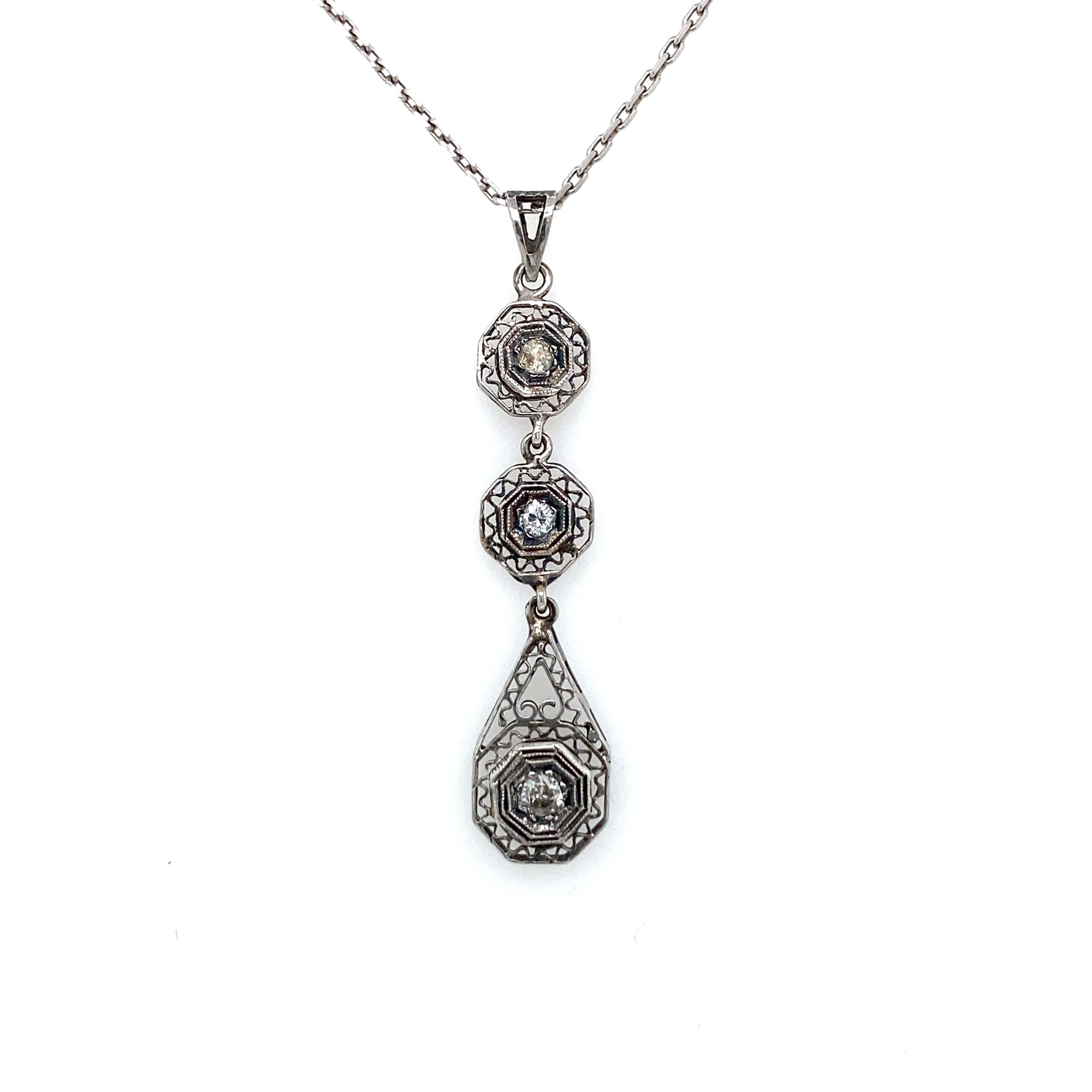 Old Mine Cut Art Deco Diamond Engraved Pendant Necklace