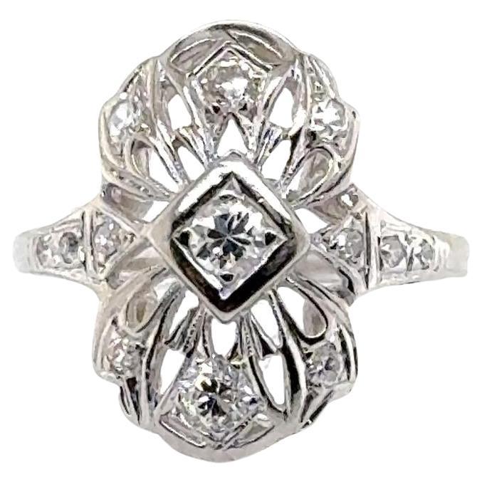 Art Deco Diamond Filigree 14 Karat White Gold Cocktail Ring For Sale