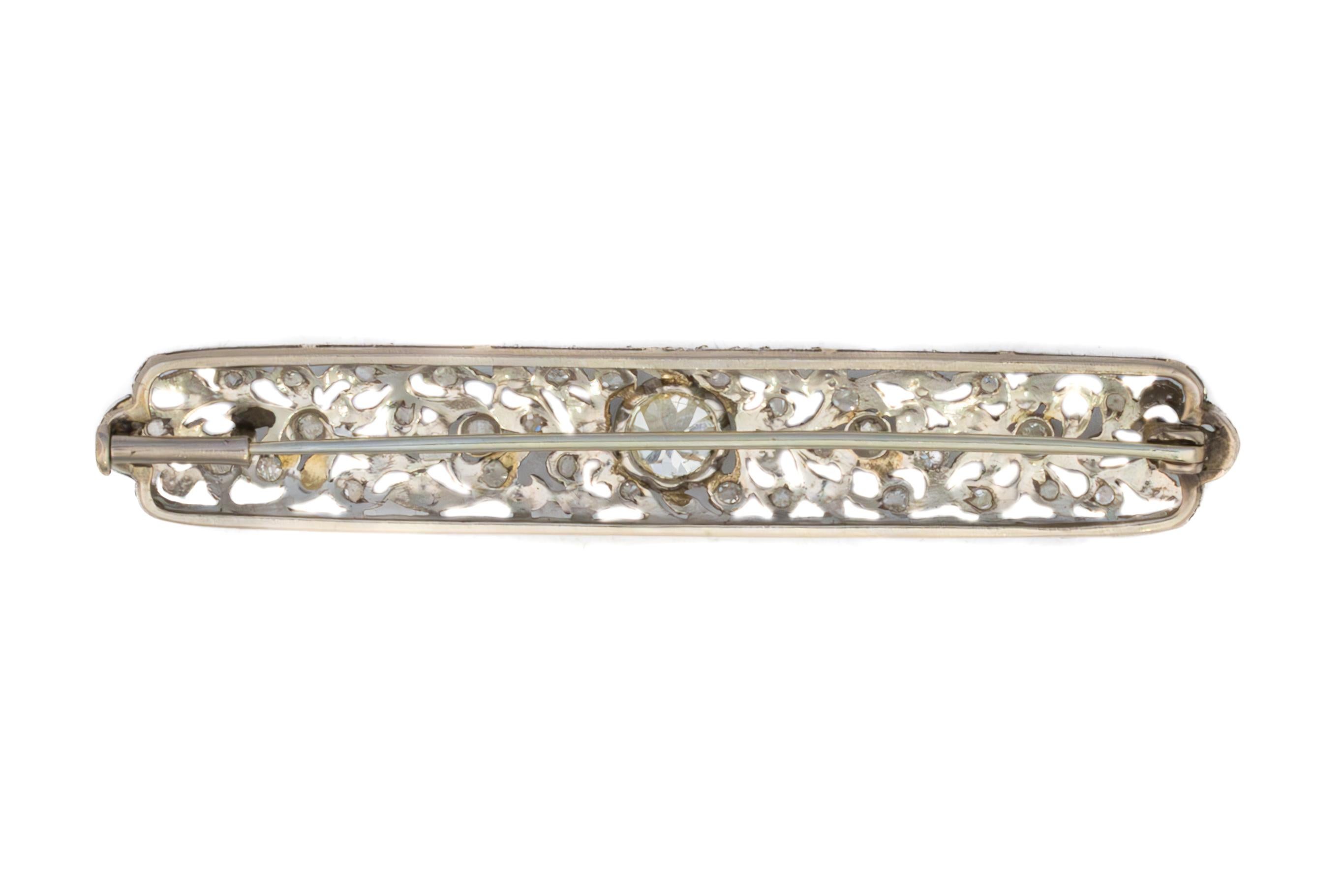 Old Mine Cut Art Deco Diamond Filigree Bar Brooch For Sale