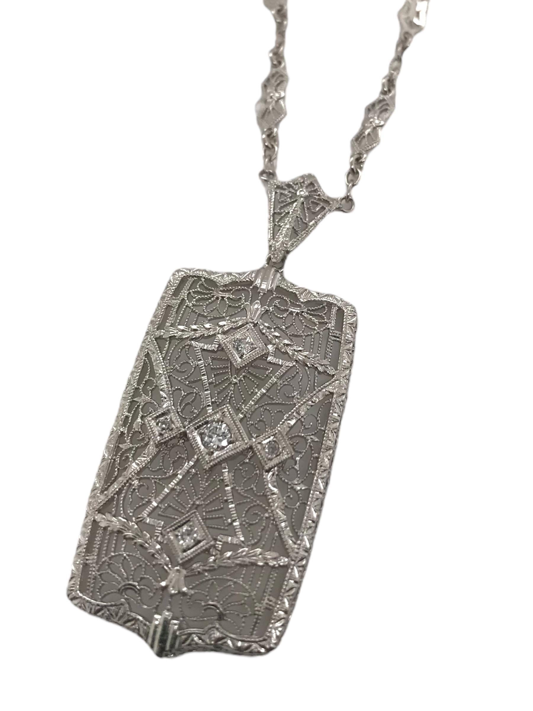 Round Cut Art Deco Diamond Filigree Necklace 14K White Gold