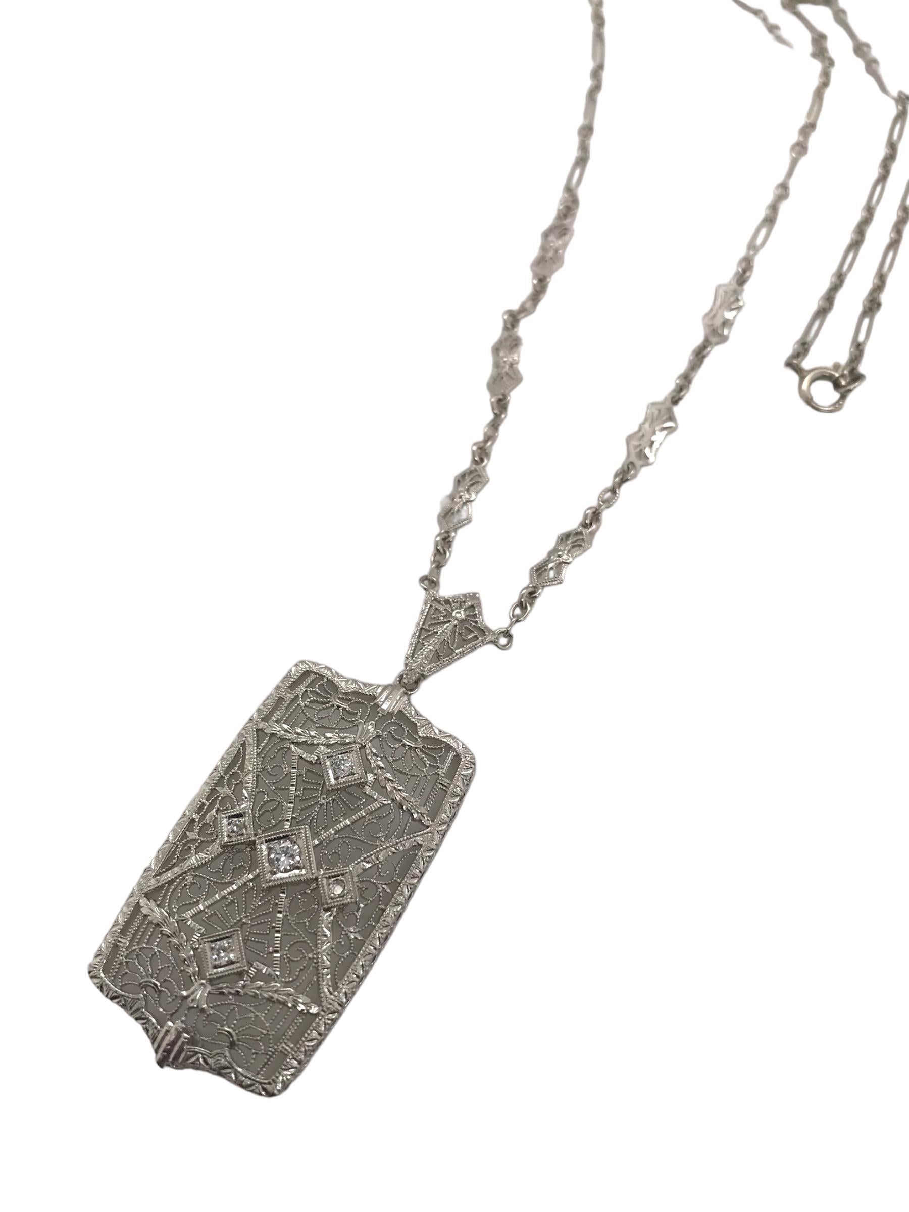 Art Deco Diamond Filigree Necklace 14K White Gold In Excellent Condition In Montgomery, AL