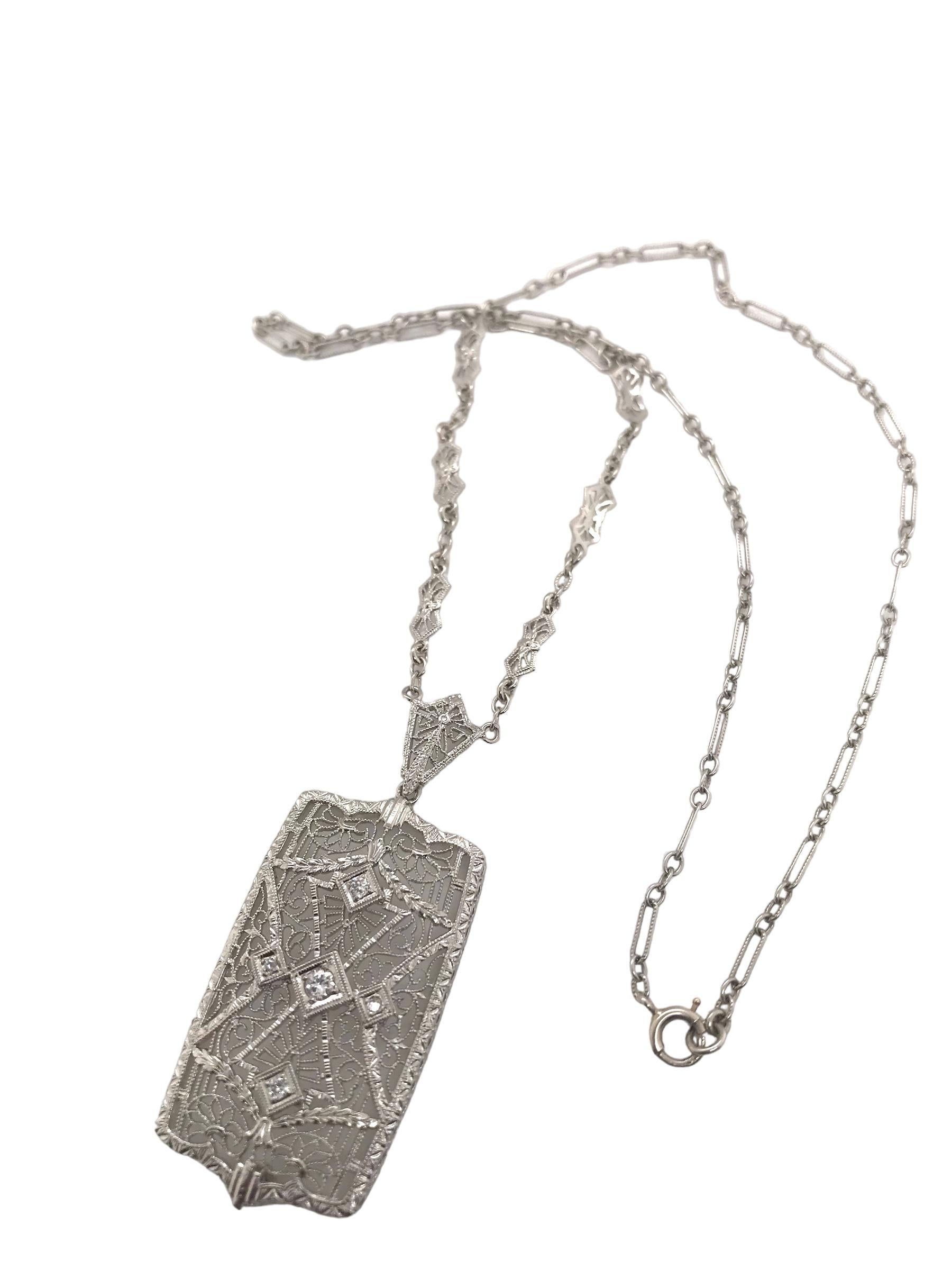 Women's Art Deco Diamond Filigree Necklace 14K White Gold