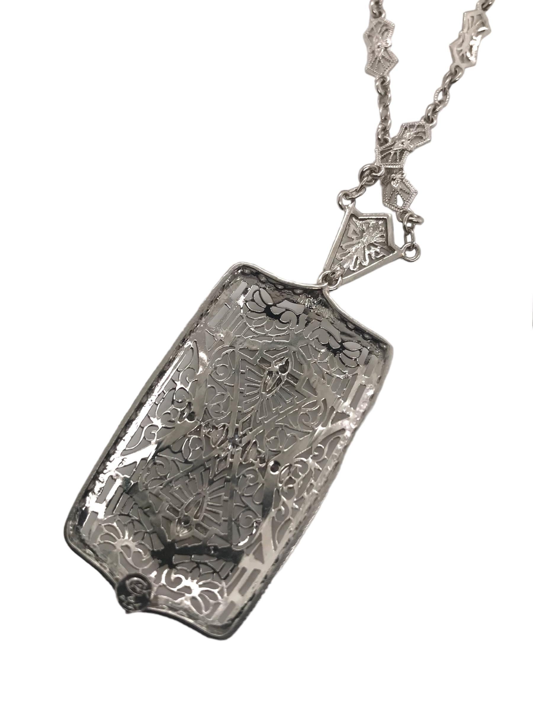 Art Deco Diamond Filigree Necklace 14K White Gold 1