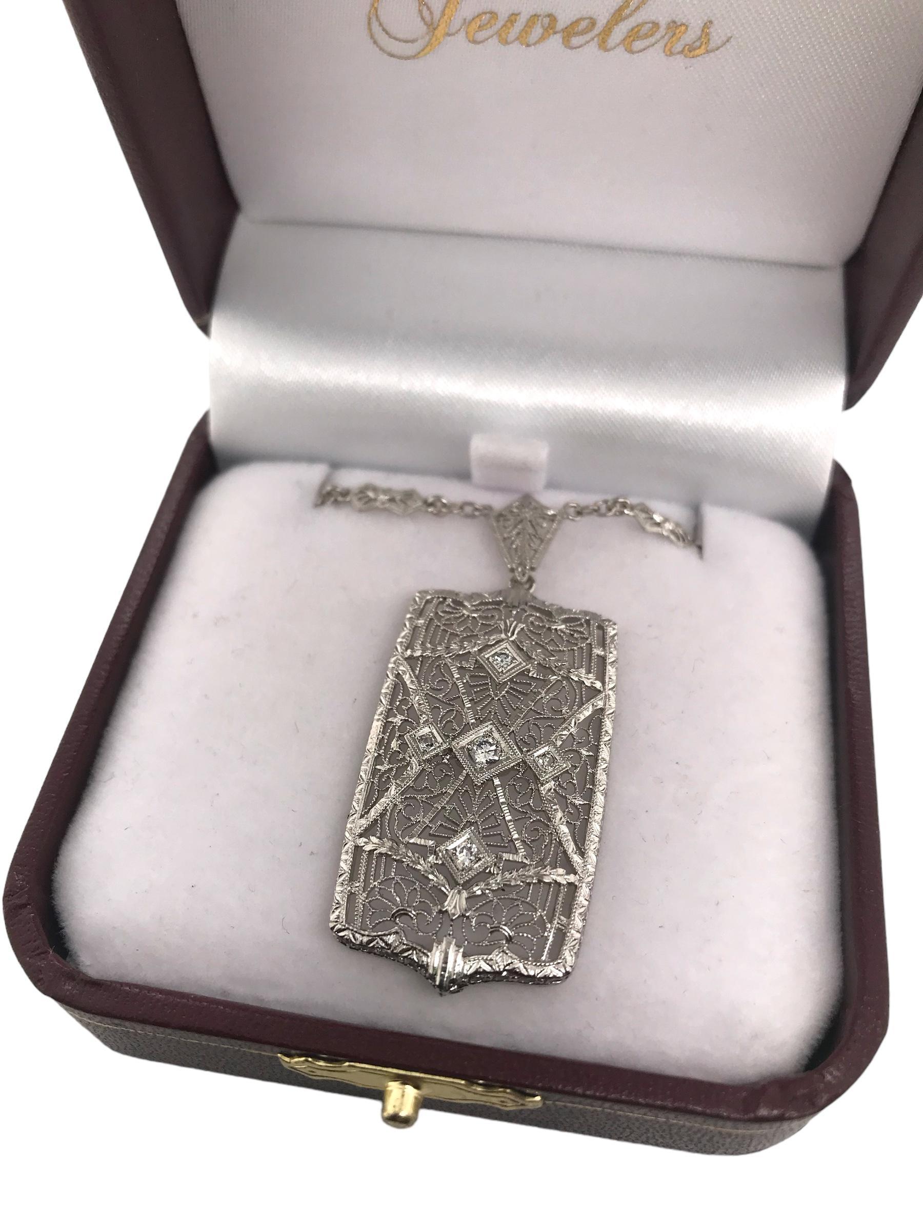 Art Deco Diamond Filigree Necklace 14K White Gold 2