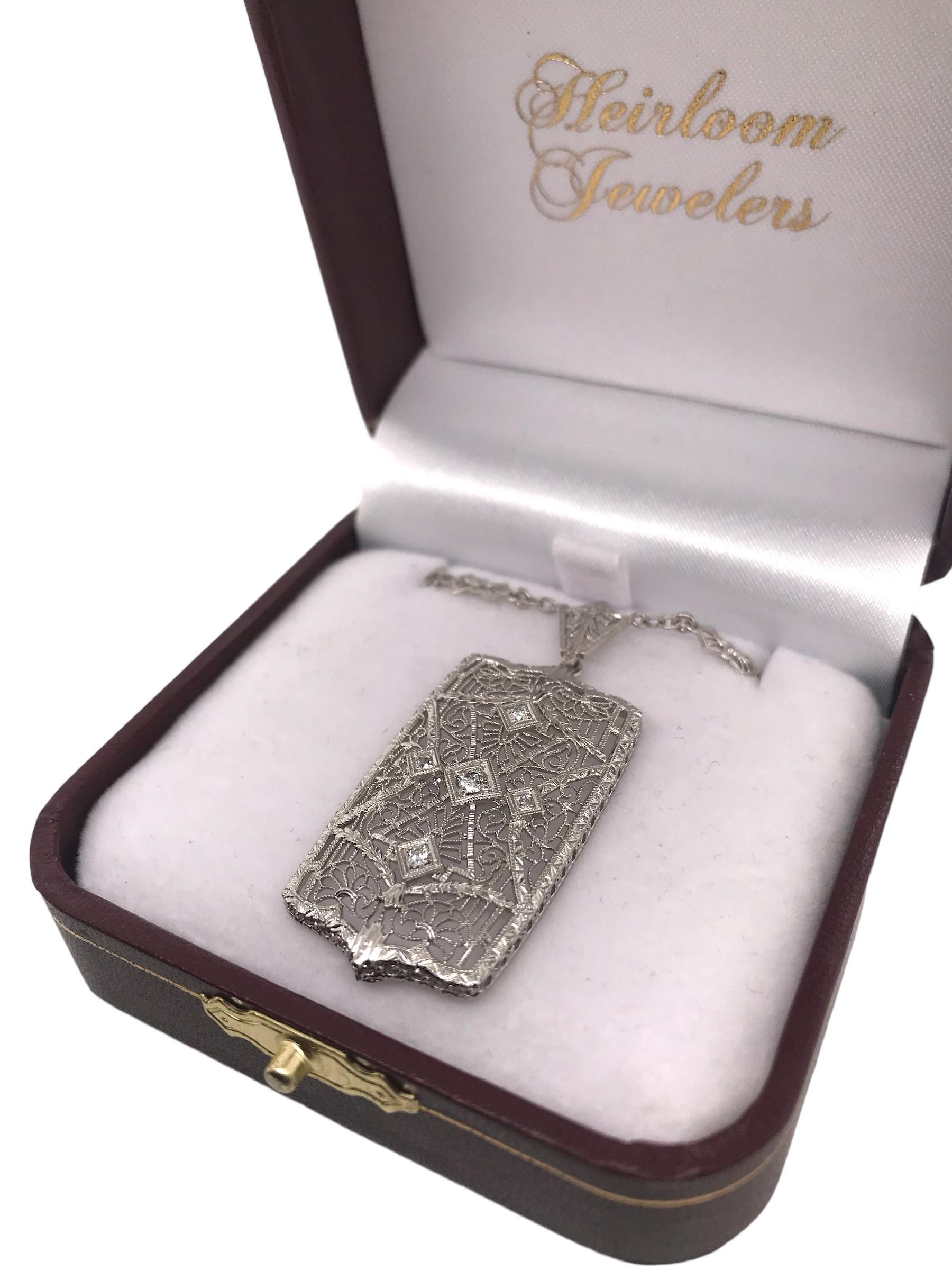 Art Deco Diamond Filigree Necklace 14K White Gold 3