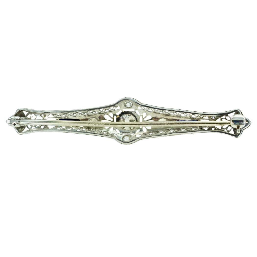 Old European Cut Art Deco Diamond Filigree Platinum Bar Brooch