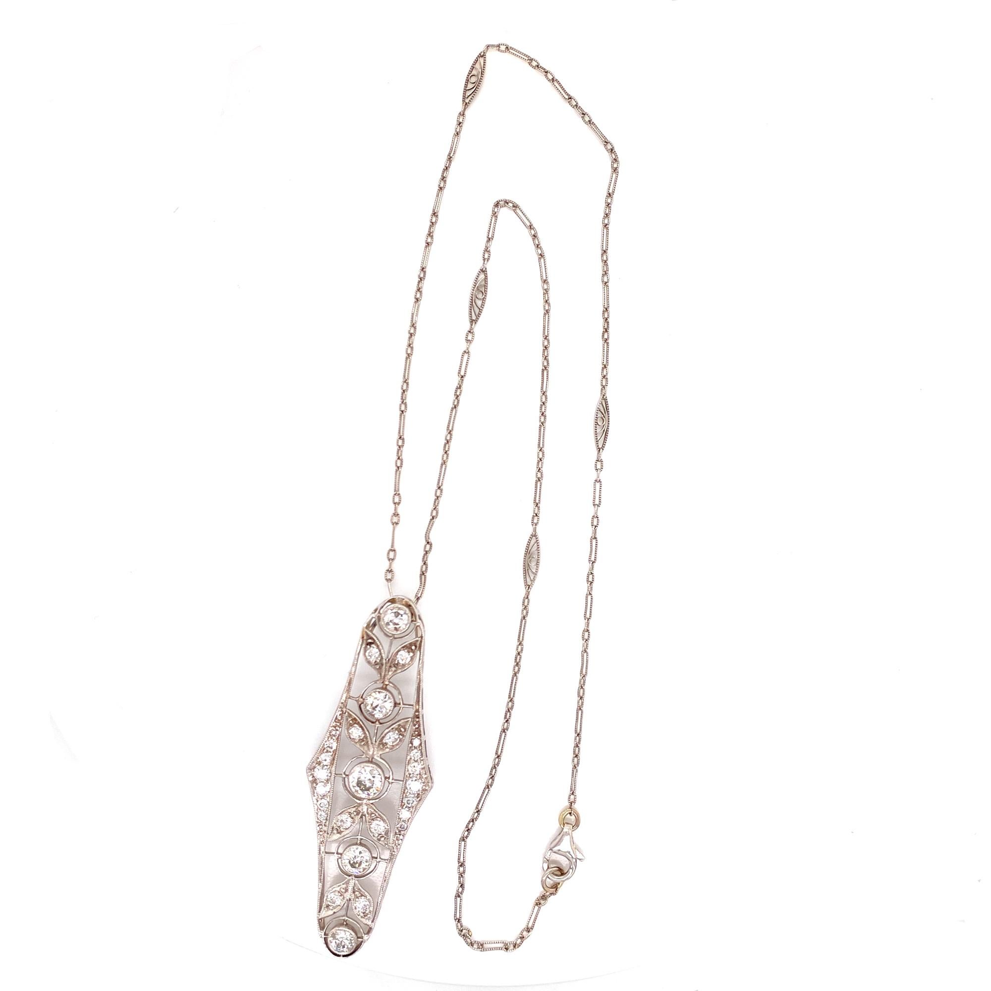 Art Deco Diamond Filigree Platinum Pendant Necklace In Excellent Condition In Boca Raton, FL