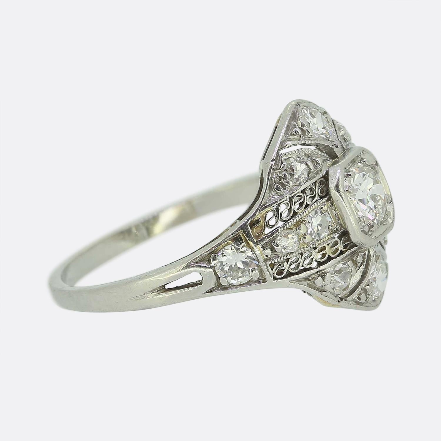 Old European Cut Art Deco Diamond Filigree Ring For Sale