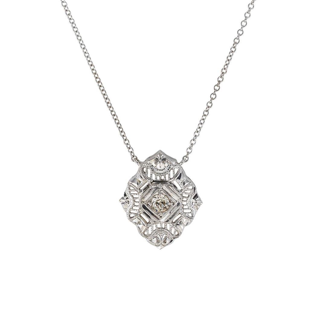 Art Deco diamond and white gold filigree pendant necklace circa 1930. 

We are here to connect you with beautiful and affordable antique and estate jewelry.

SPECIFICATIONS:

Contact us right away if you have additional questions.

DIAMOND:  one old