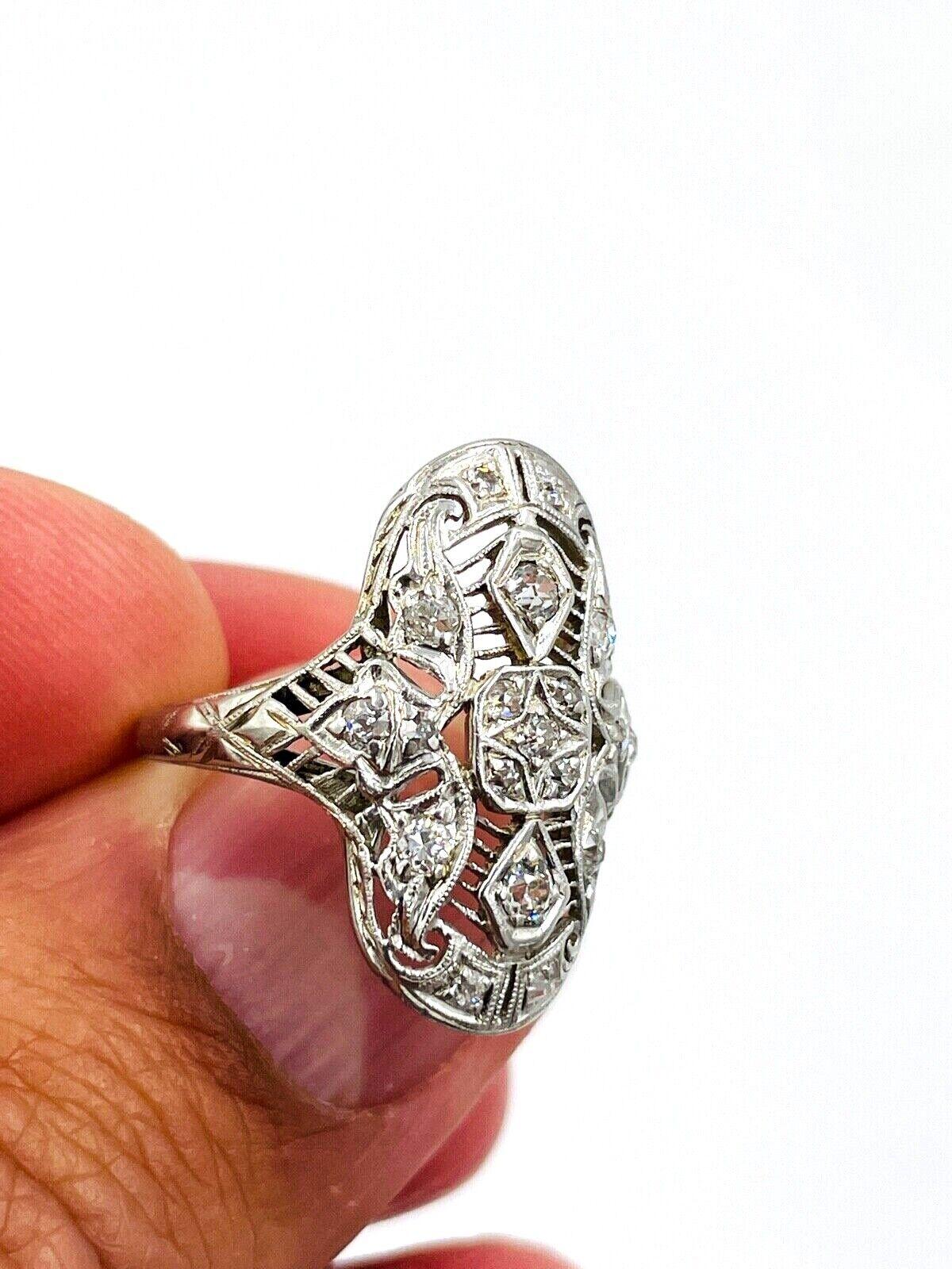 Old Mine Cut Art Deco Diamond Filigree White Gold Platinum Ring For Sale