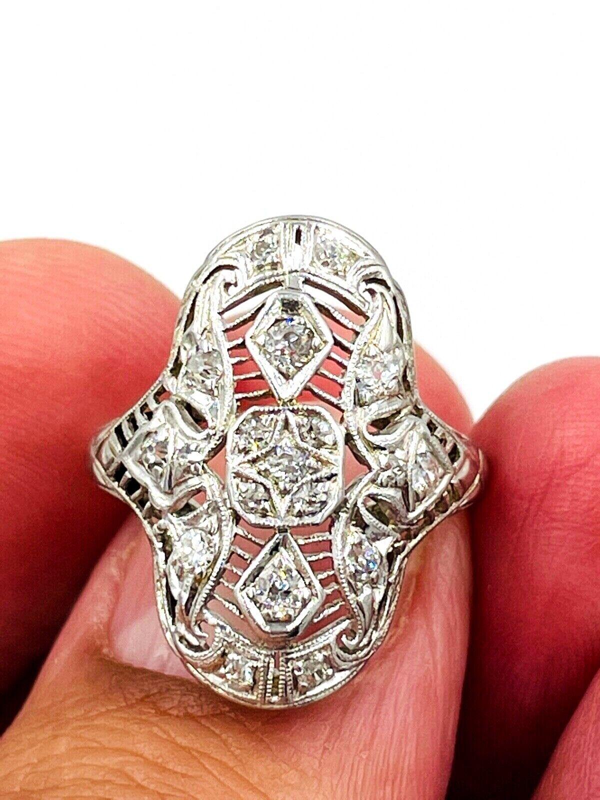Art Deco Diamond Filigree White Gold Platinum Ring For Sale 1
