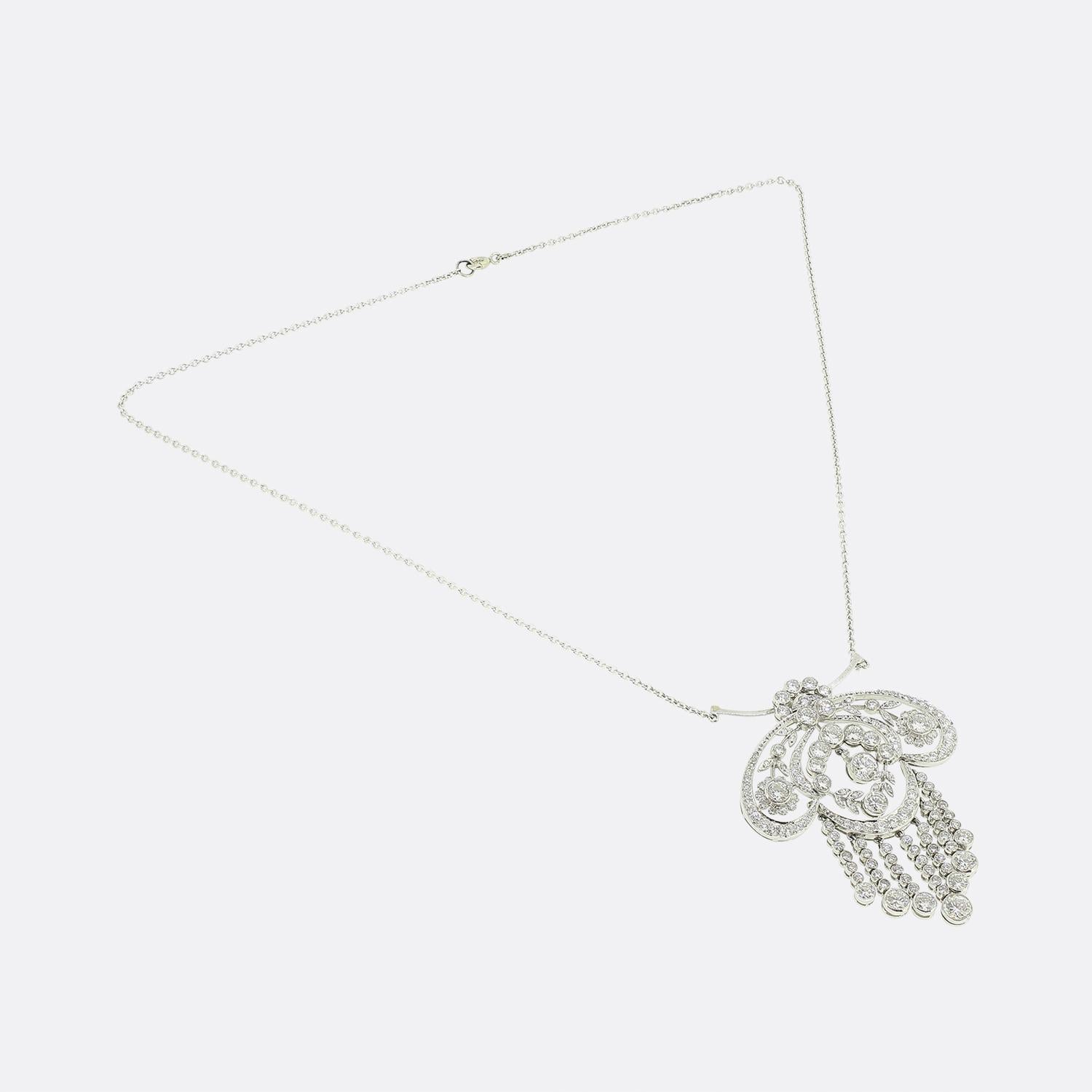 Brilliant Cut Art Deco Diamond Floral Drop Pendant Necklace For Sale