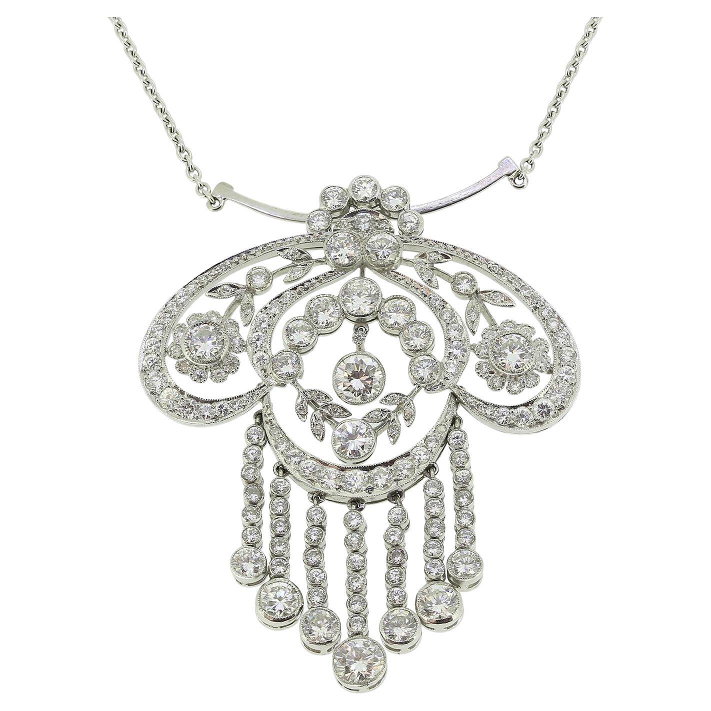 Art Deco Diamond Floral Drop Pendant Necklace