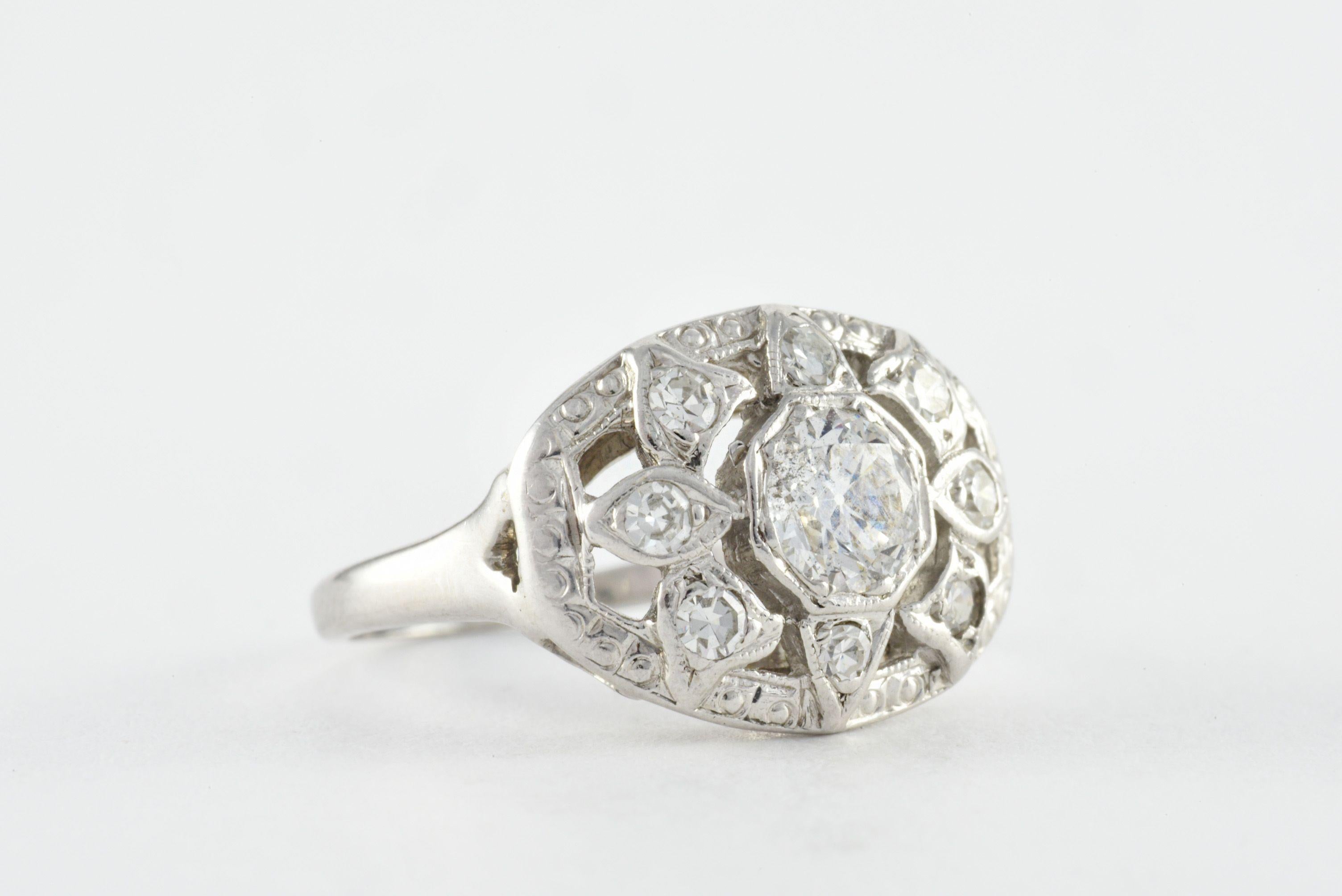 Old European Cut Art Deco Diamond Flower Ring For Sale