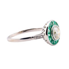 Art Deco Diamond & French Cut Emerald Target Engagement Ring in Platinum
