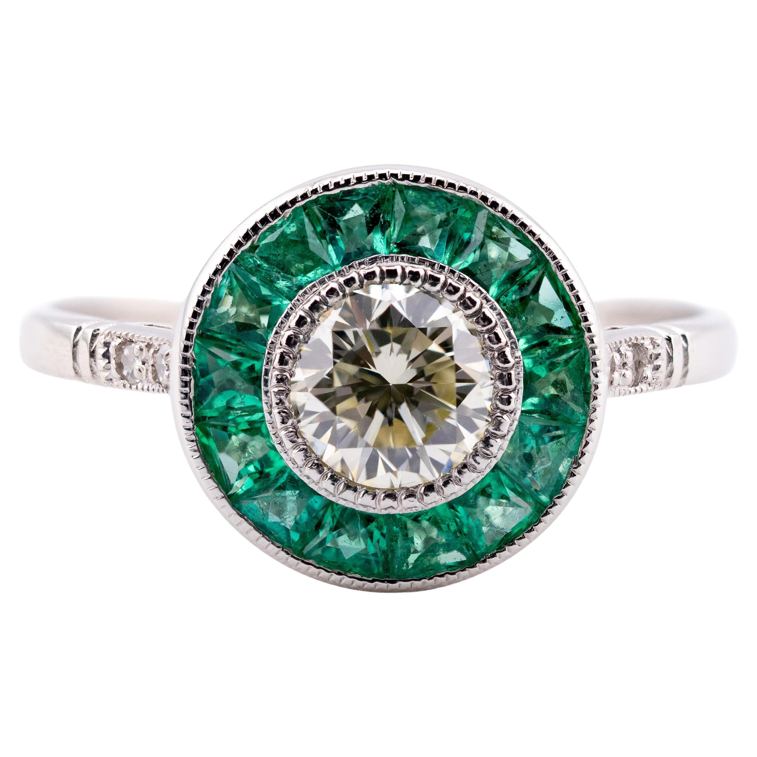 Anello di fidanzamento Art Deco con diamante e smeraldo taglio francese in platino