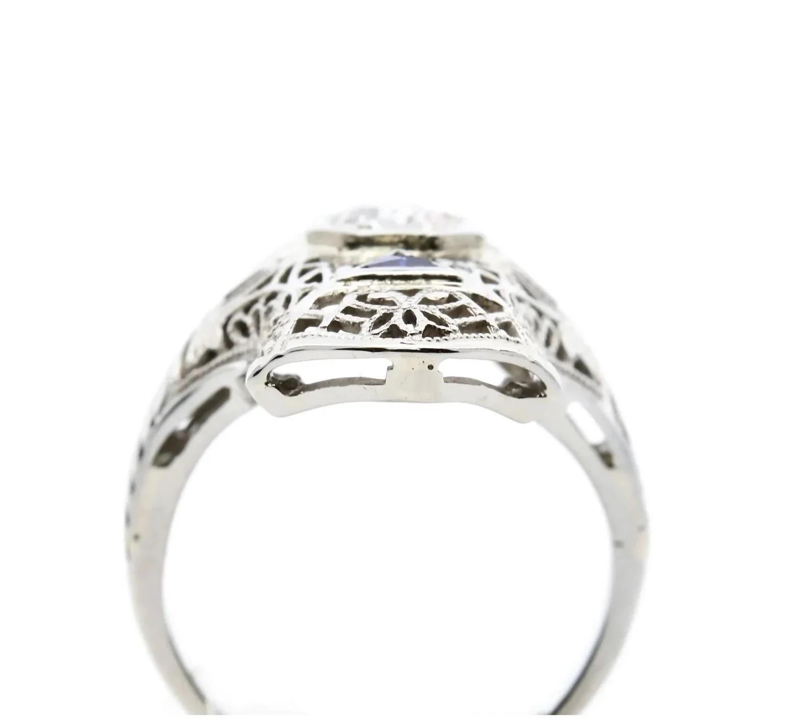 Art Deco Diamond & French Cut Sapphire Trilogy Cocktail Ring in 18K White Gold In Good Condition For Sale In Boston, MA