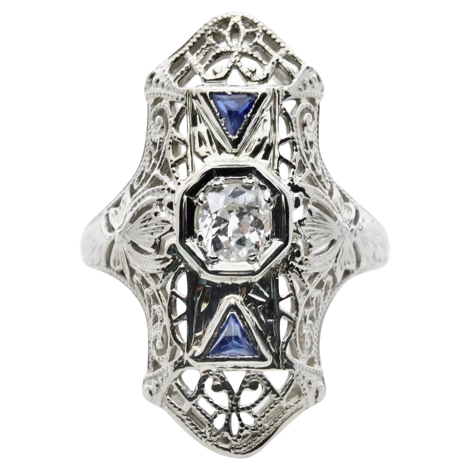 Art Deco Diamond & French Cut Sapphire Trilogy Cocktail Ring in 18K White Gold For Sale
