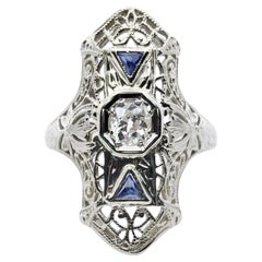 Antique Art Deco Diamond & French Cut Sapphire Trilogy Cocktail Ring in 18K White Gold