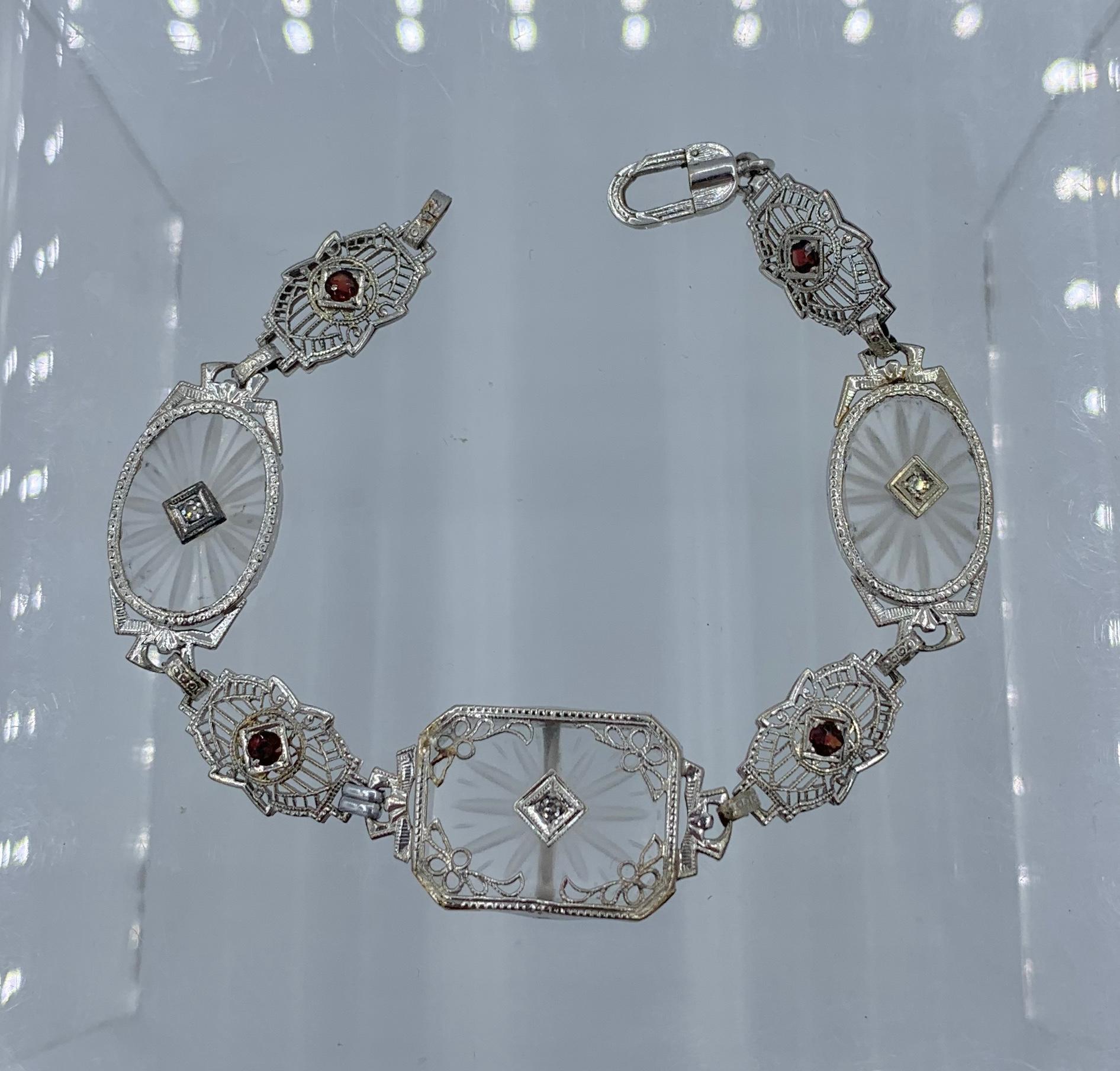 Round Cut Art Deco Diamond Garnet Bracelet Rock Crystal 14 Karat White Gold Filigree For Sale