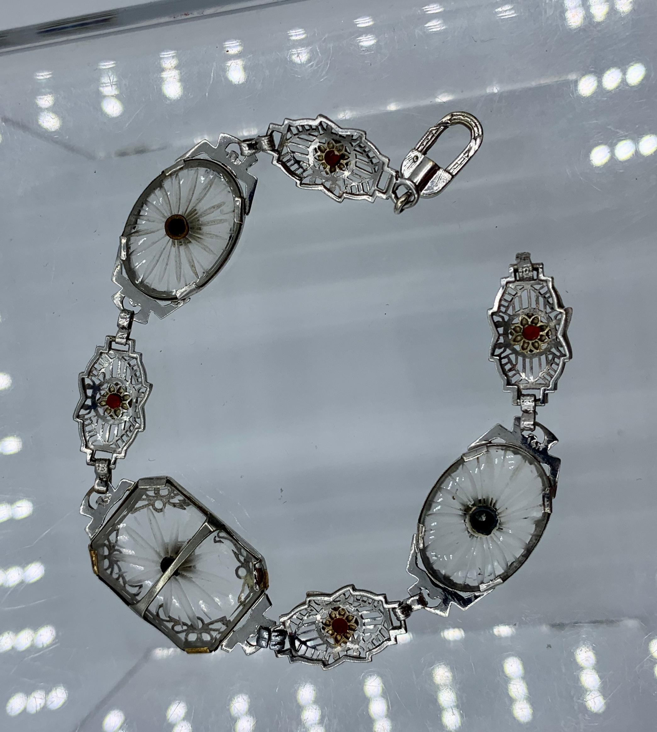 Art Deco Diamond Garnet Bracelet Rock Crystal 14 Karat White Gold Filigree For Sale 1