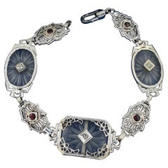 Bracciale Art Deco Diamante Granato Cristallo di Rocca Oro Bianco 14 Carati Filigrana