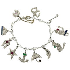 Art Deco Diamond and Gemstone White Gold Charm Bracelet