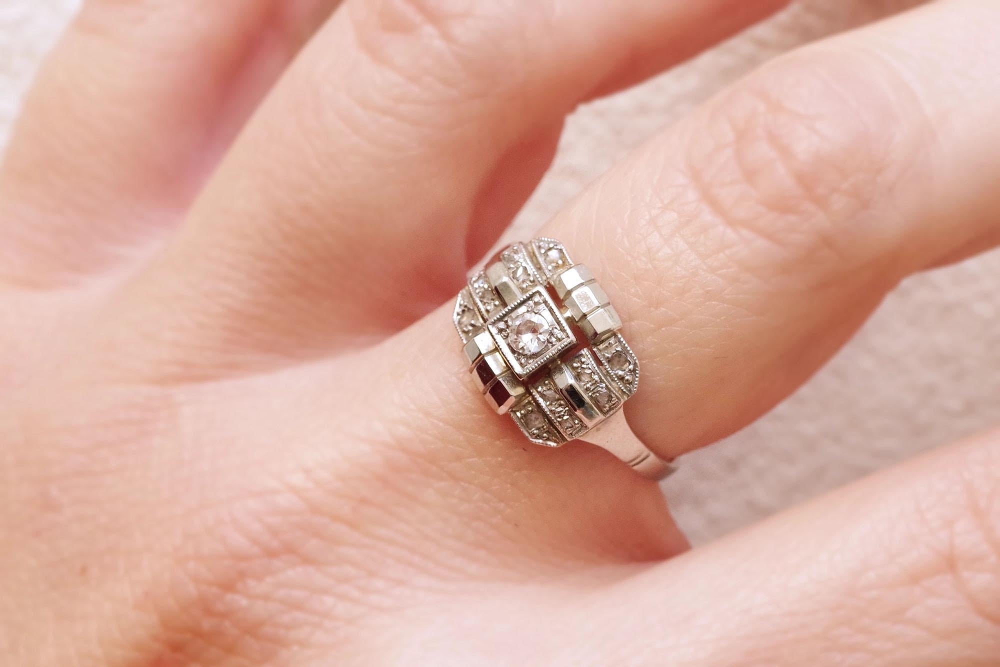 Women's Art Deco diamond geometric ring in gold and platinum