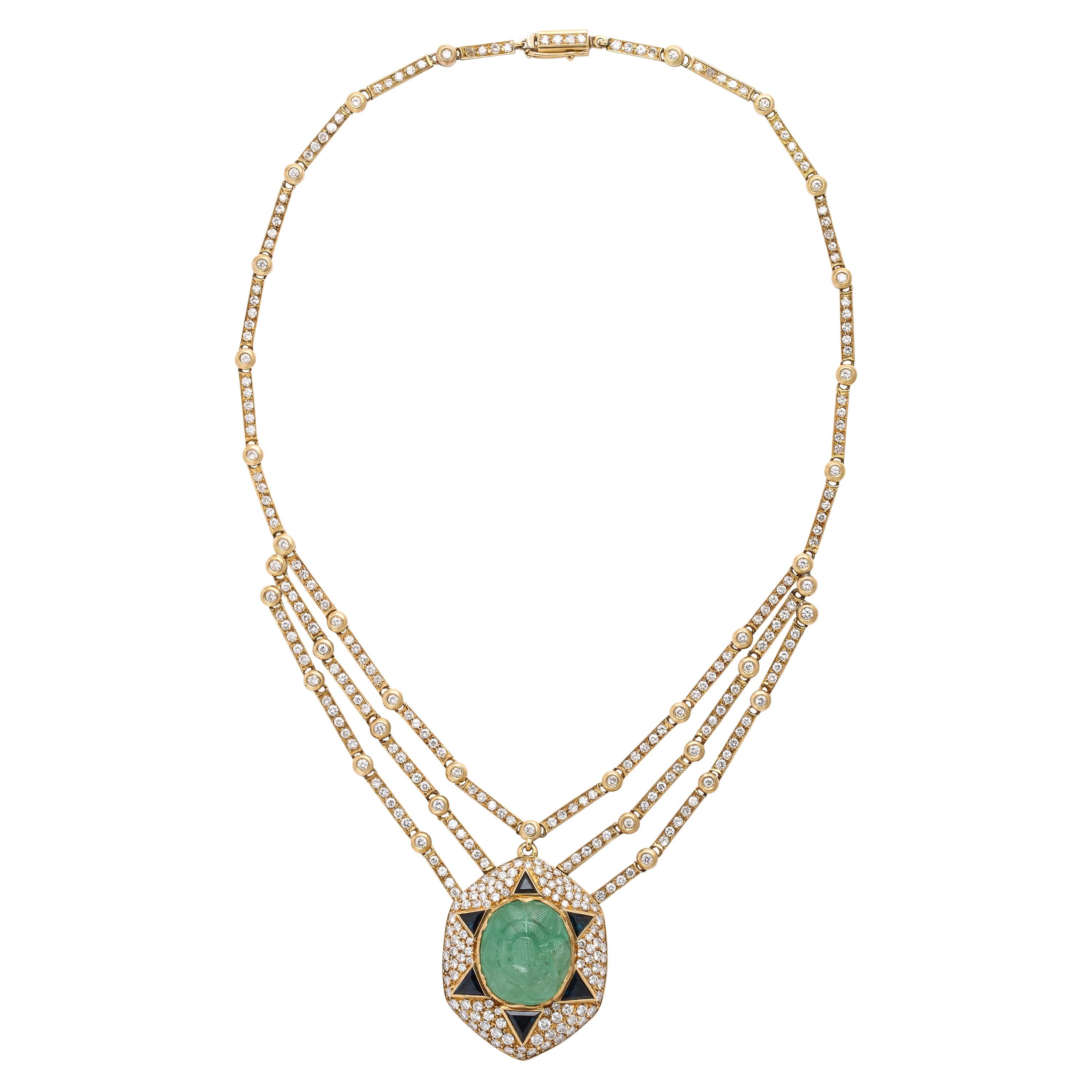 Diamond Gold Carved Emerald & Blue Sapphire Esclavage Collier Necklace