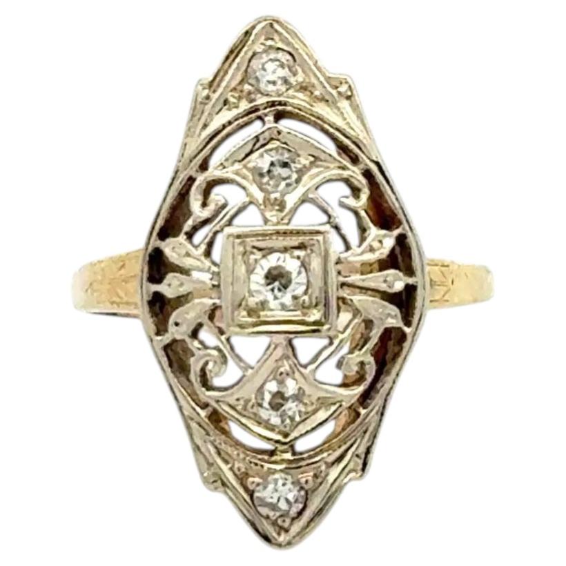 Art Deco Diamond Gold Lace Navette Vintage Cocktail Ring