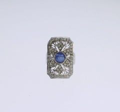 Art Deco Style Diamond Gold Ring with Sapphire Cabochon