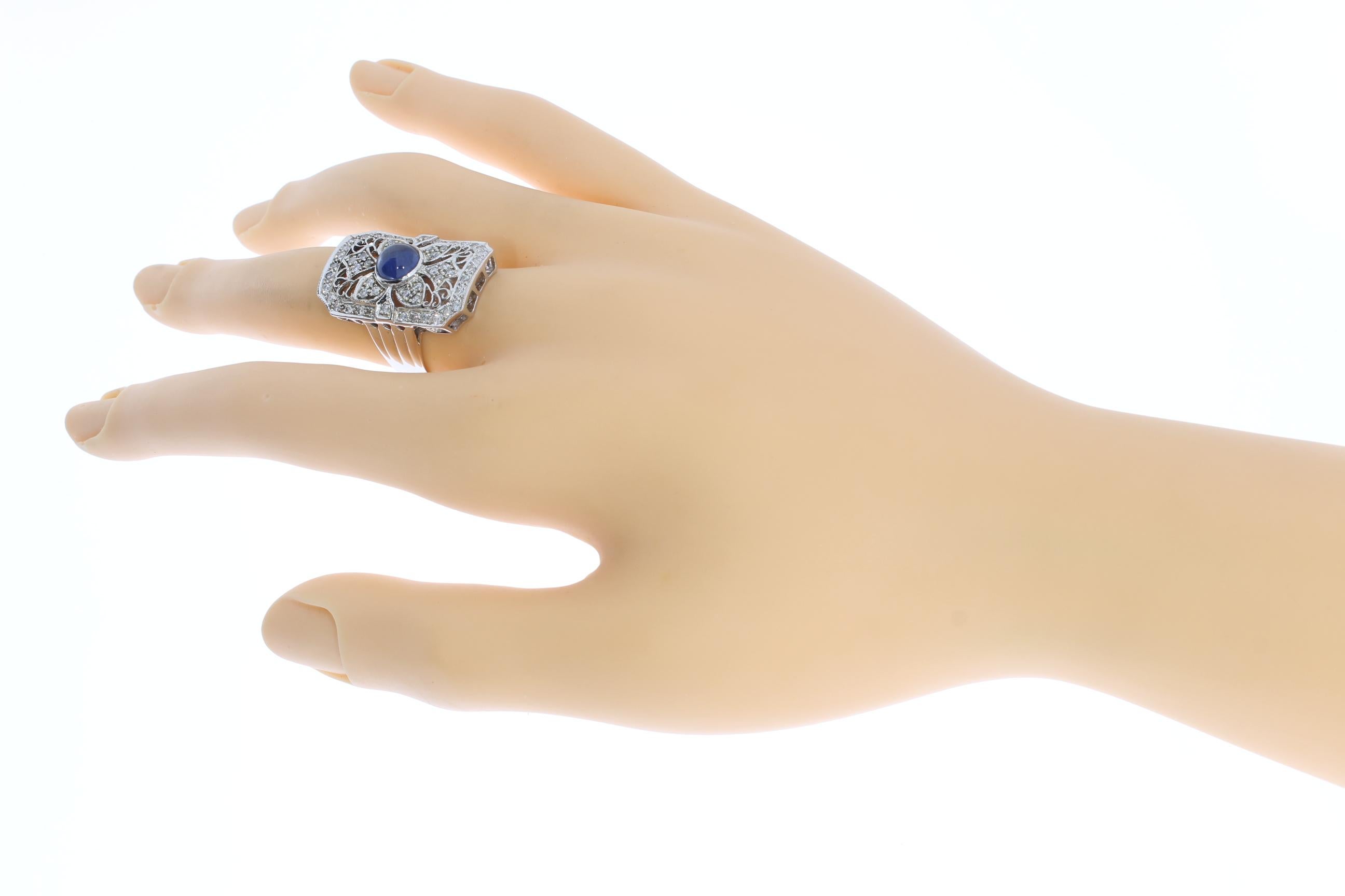 Art Deco Style Diamond Gold Ring with Sapphire Cabochon For Sale 2