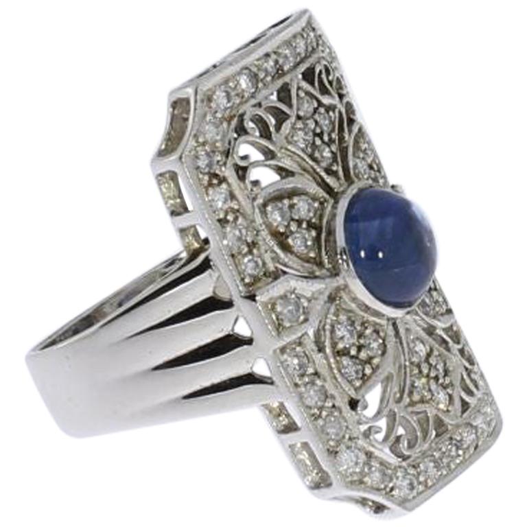 Art Deco Style Diamond Gold Ring with Sapphire Cabochon For Sale
