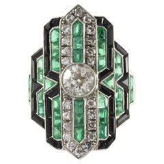 Art Deco Diamond Green Emerald and Onyx Dinner Ring