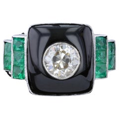 Art Deco Diamond, Green Emerald, and Onyx Ring