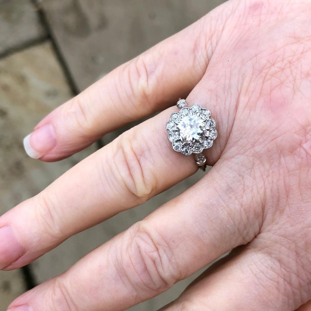Art Deco Diamond Halo Platinum Engagement Ring For Sale 4