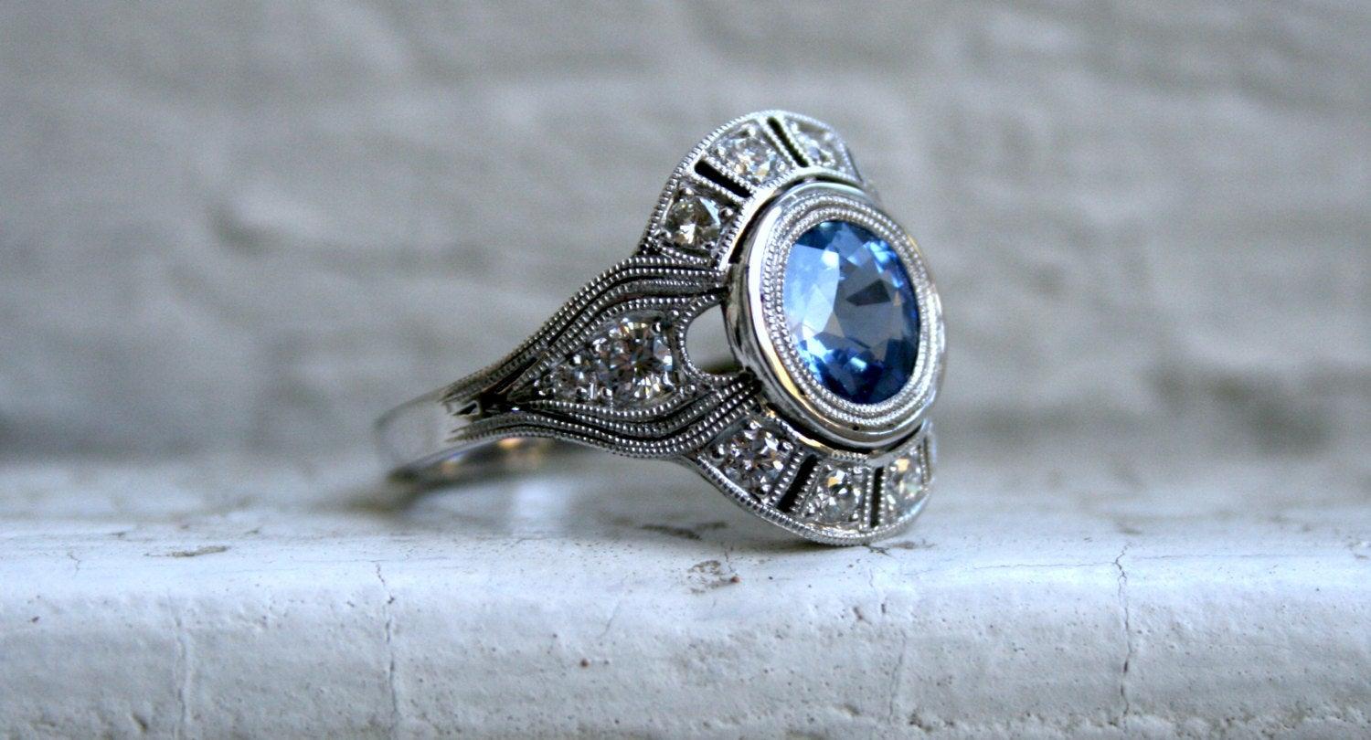 Round Cut Art Deco Style Diamond Halo Sapphire Ring Wedding Ring in 14 Karat White Gold For Sale