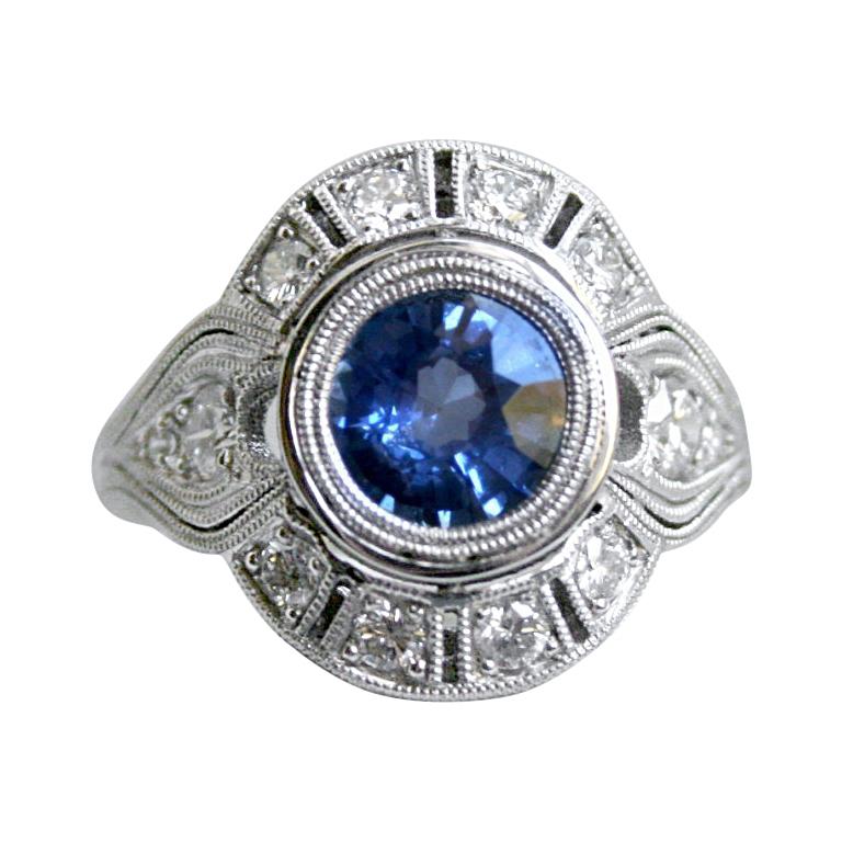 Art Deco Style Diamond Halo Sapphire Ring Wedding Ring in 14 Karat White Gold