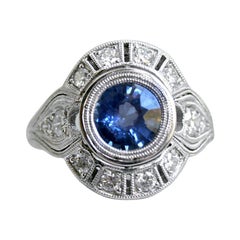 Art Deco Style Diamond Halo Sapphire Ring Wedding Ring in 14 Karat White Gold