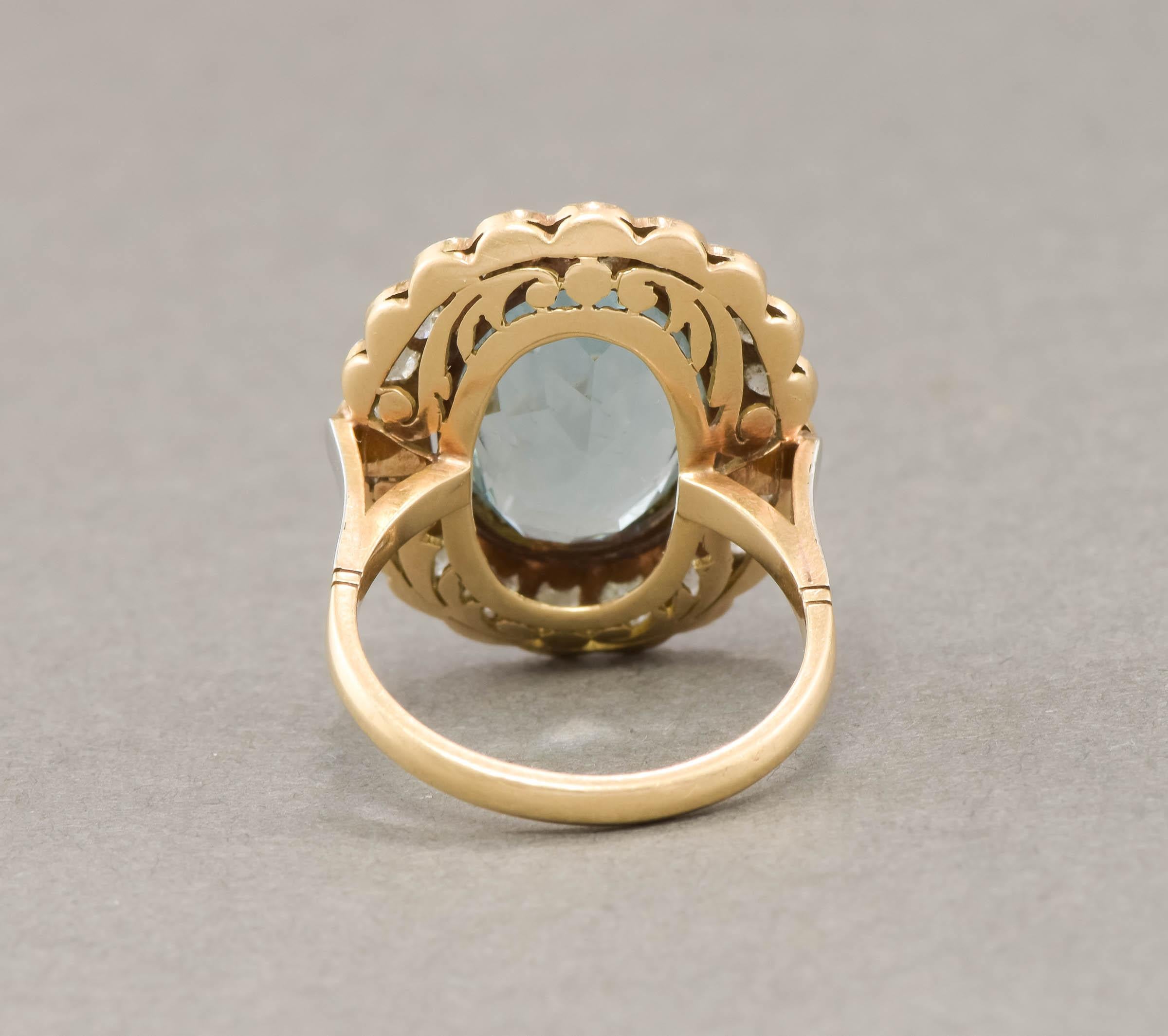 Art Deco Diamond Halo with Paste Aquamarine Cocktail Ring - 18K Gold & Platinum In Good Condition In Danvers, MA