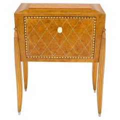 Art Deco Diamond Inlay Drop Front Burl Wood Stand Side Table Fluted Tapered Leg