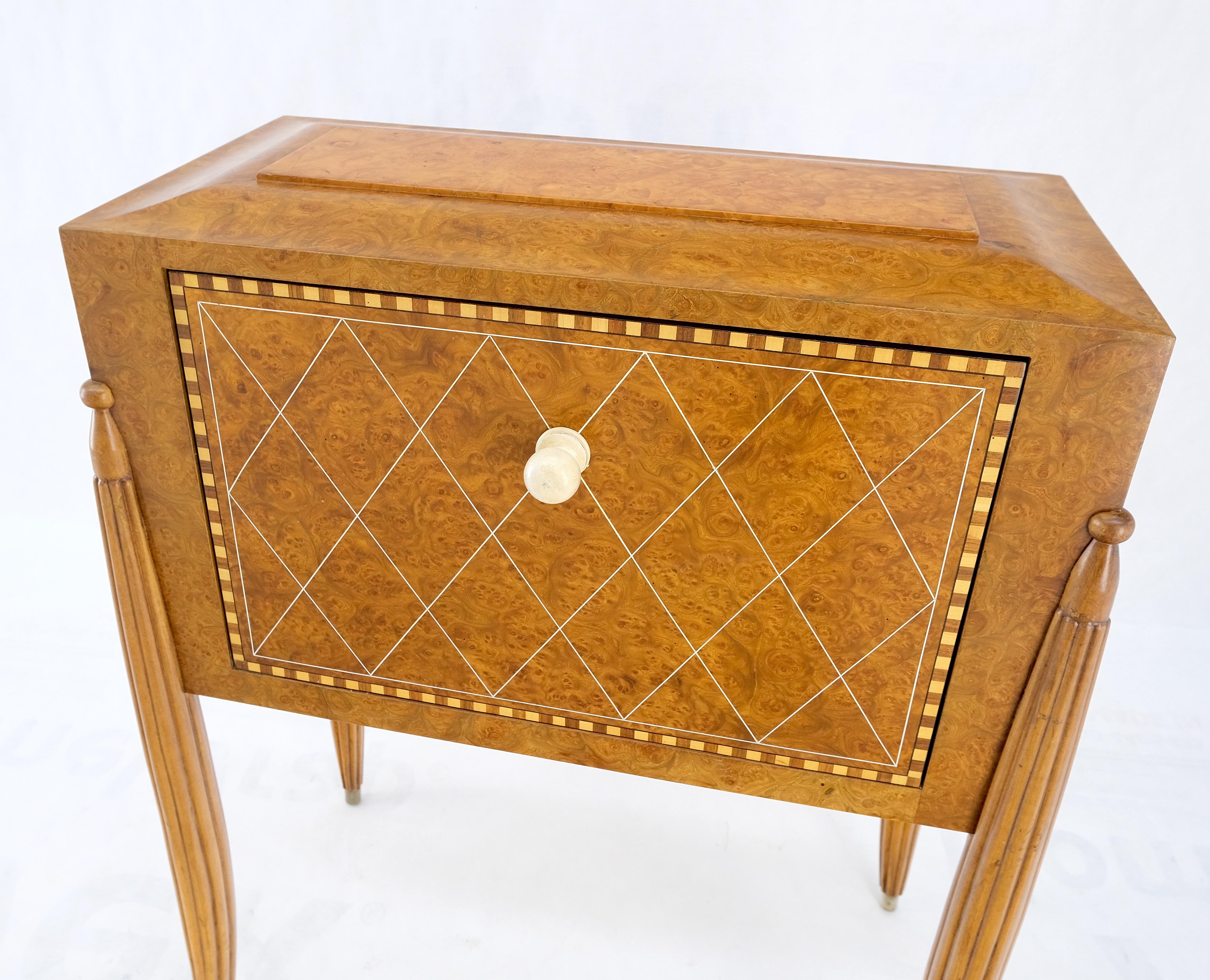 20th Century Art Deco Diamond Inlay Drop Front Burl Wood Stand Side Table Fluted Tapered Leg For Sale