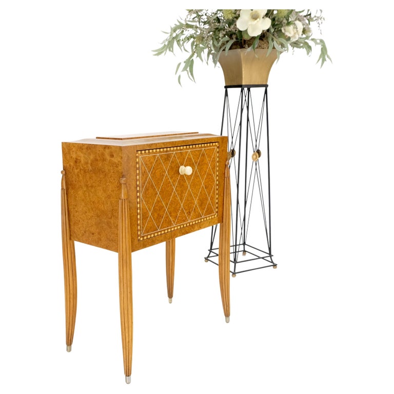 Art Deco Diamond Inlay Drop Front Burl Wood Stand Side Table Fluted