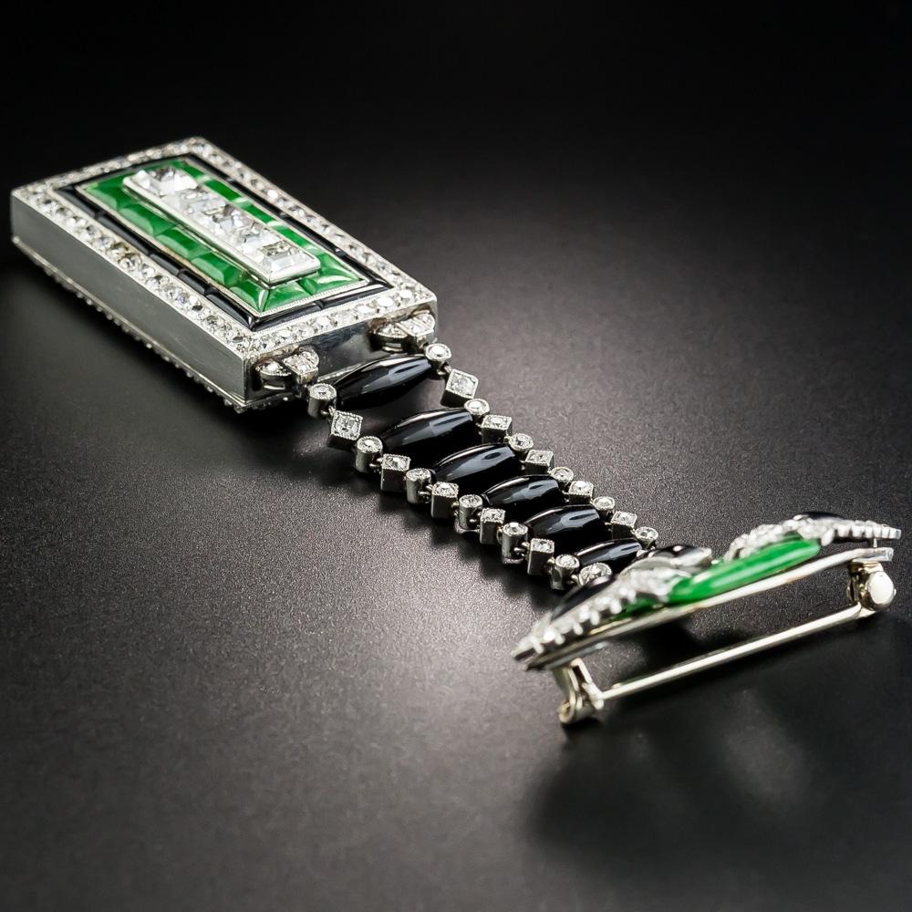 Art Deco Diamond, Jade, and Black Onyx Lapel Watch For Sale at 1stDibs