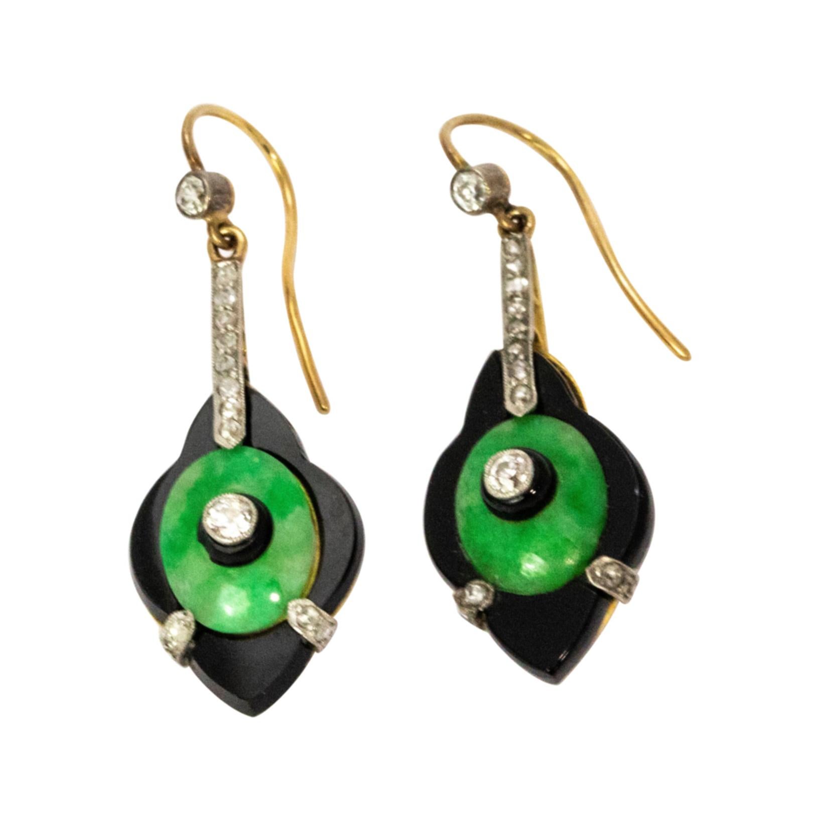 Art Deco Diamond Jade and Onyx Drop Earrings