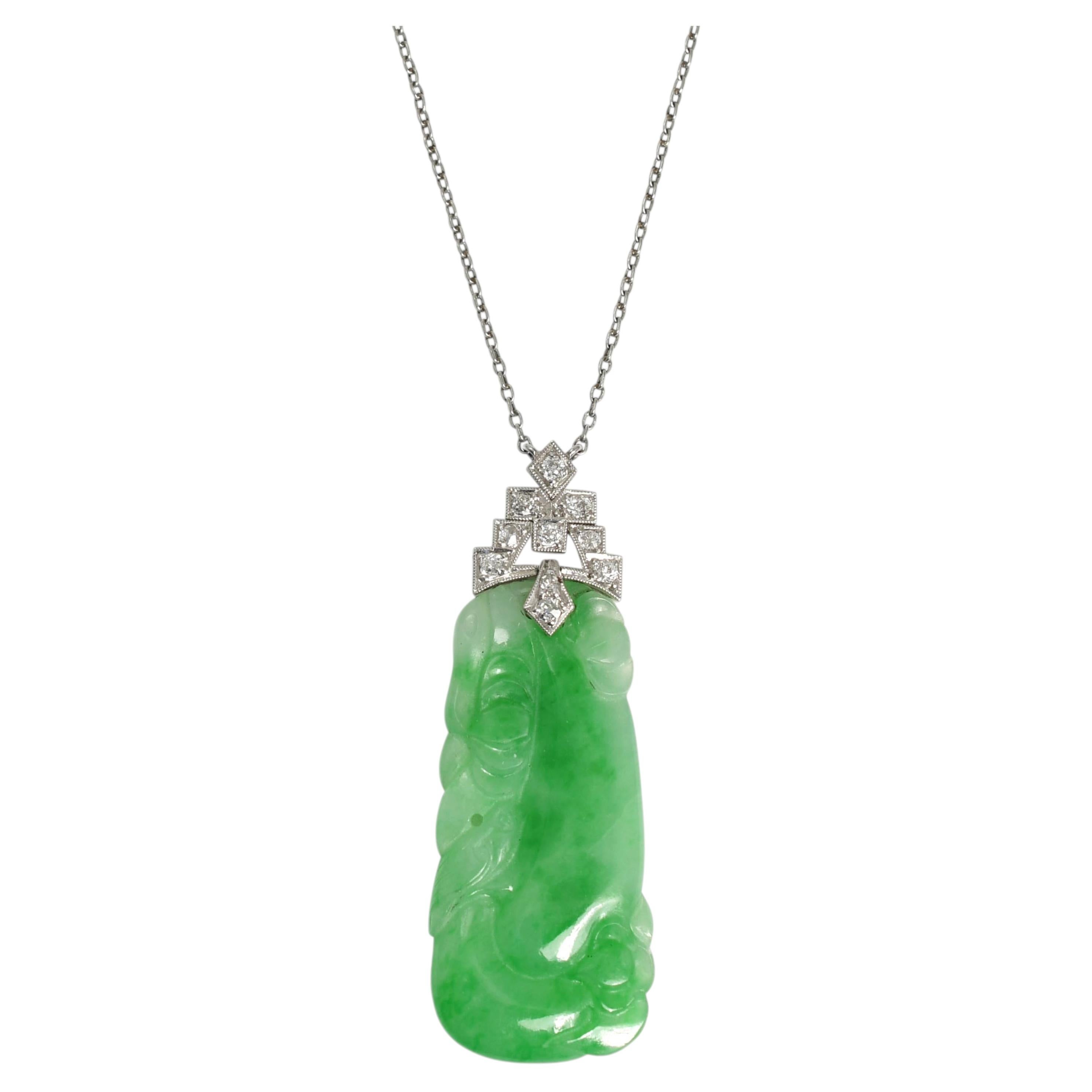 Art Deco Diamond & Jade Panel Platinum Necklace, Circa 1920 For Sale