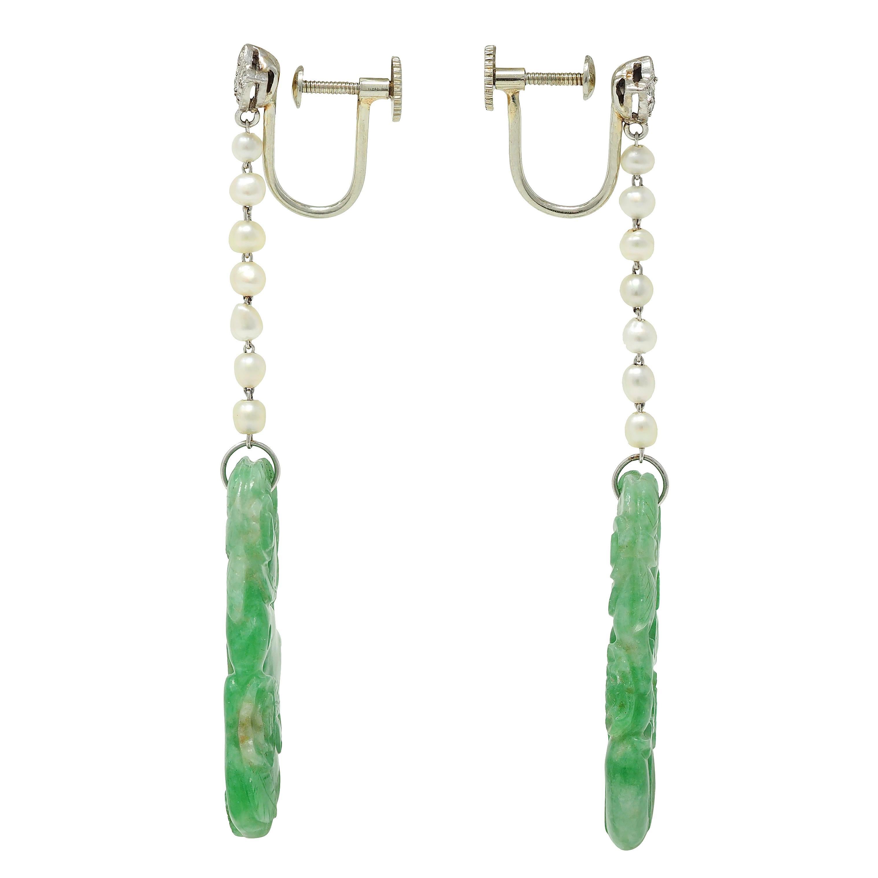 Mixed Cut Art Deco Diamond Jade Pearl Platinum Vintage Floral Screw-Back Earrings For Sale