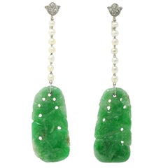 Boucles d'oreilles Art Deco Diamant Jade Perle Platine Vintage Floral à vis