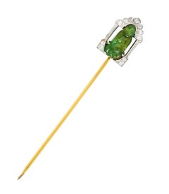 Art Deco Diamond Jade Platinum Buddha Stickpin, Circa 1930