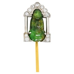 Art Deco Diamond Jade Platinum Buddha Stickpin, Circa 1930